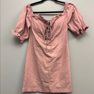 Lulu's - Womens Pink Puff Sleeve Mini Sundress with Lace-Up Front - Size M